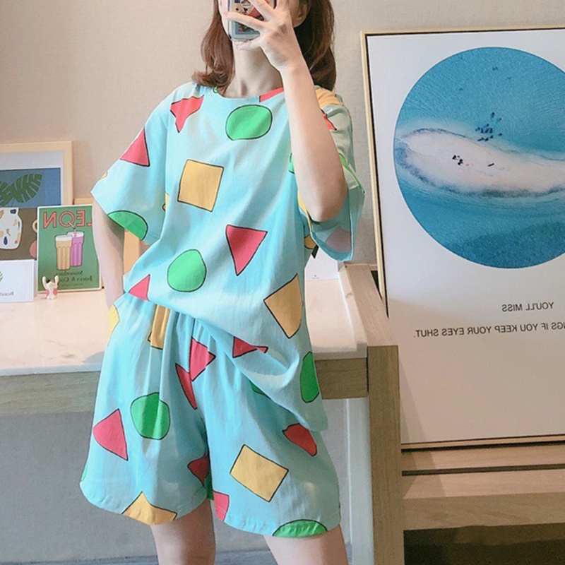 Bộ Đồ Ngủ 2 Món Tay Ngắn Cổ Tròn In Họa Tiết Hình Học Nhiều Màu Thời Trang Mùa Hè Cho Nữ