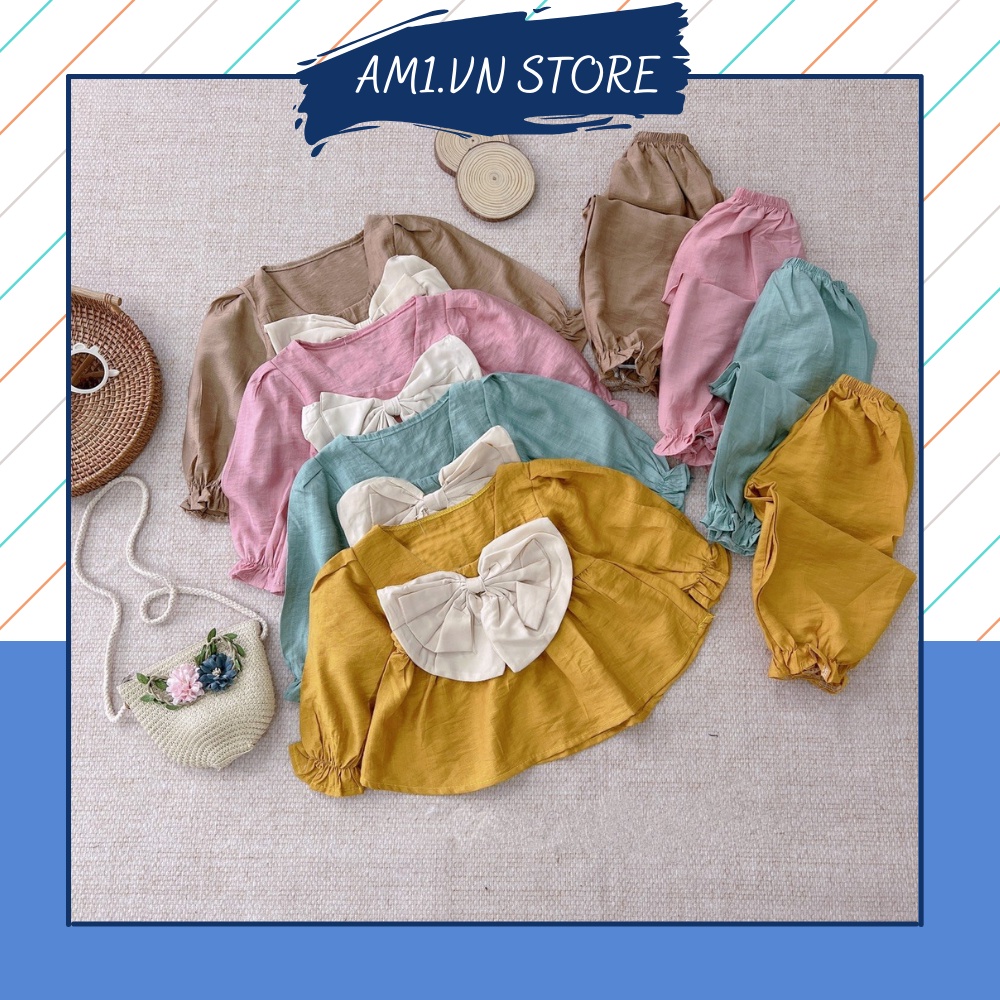 (10-20kg) Đồ bộ dài tay trẻ em TTR122 - Bộ quần áo đính nơ sang chảnh bé gái