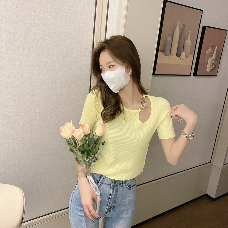 Áo thun ZHELIHANGFEI dệt kim ngắn tay eo cao thiết kế lệch tà cá tính