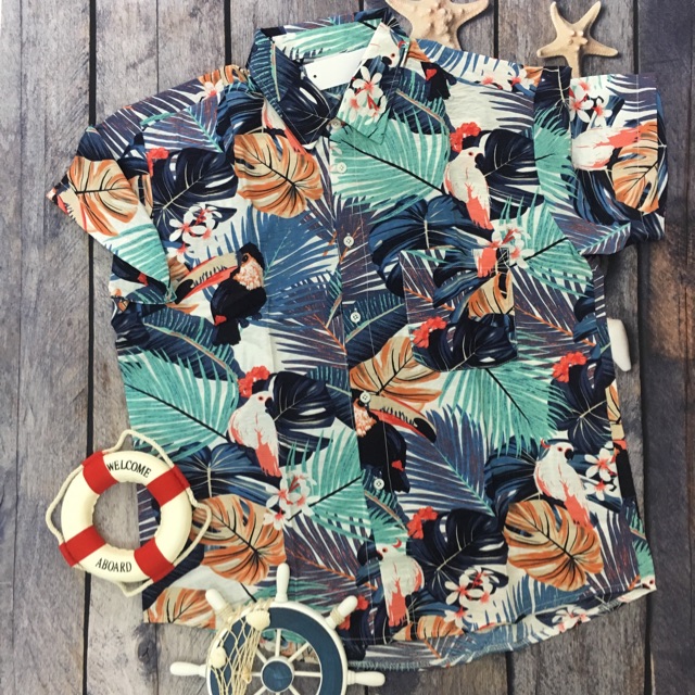 Áo sơ mi hoa lá cộc tay unisex