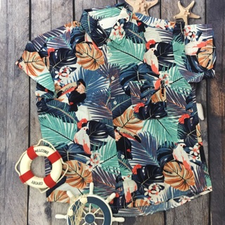 Áo sơ mi hoa lá cộc tay unisex