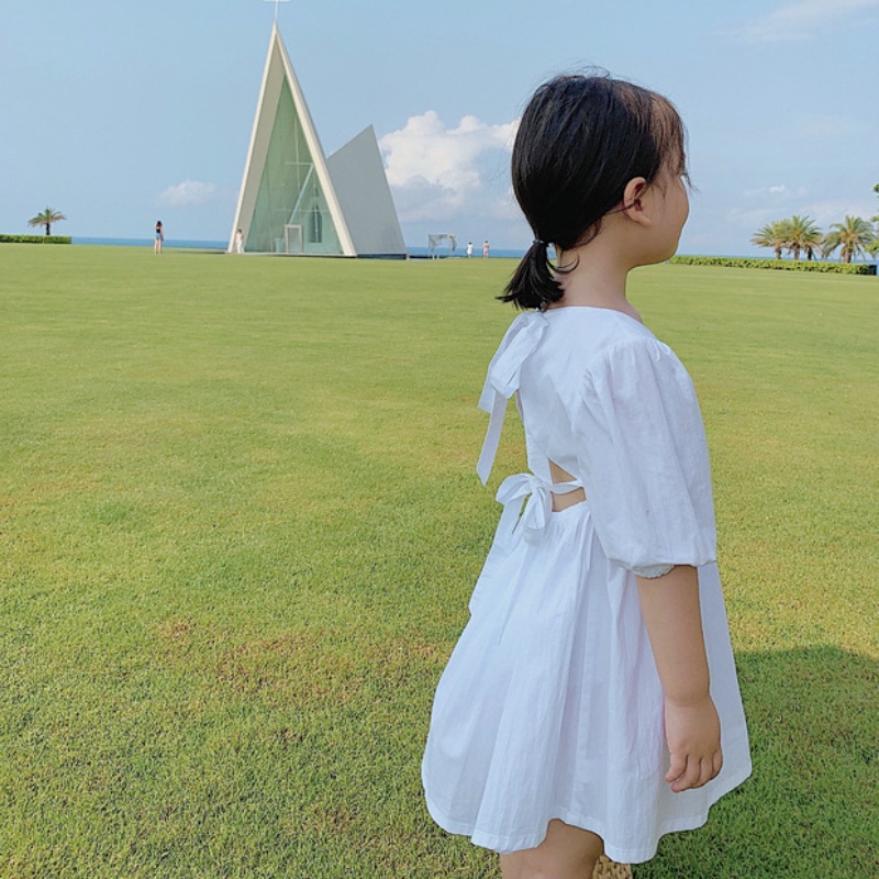 Váy cho bé gái Đầm Công Chúa Tay Phồng Ngắn Hở Lưng Màu Trơn Thời Trang Mùa Hè Cho Bé Gái 1-6 Tuổi