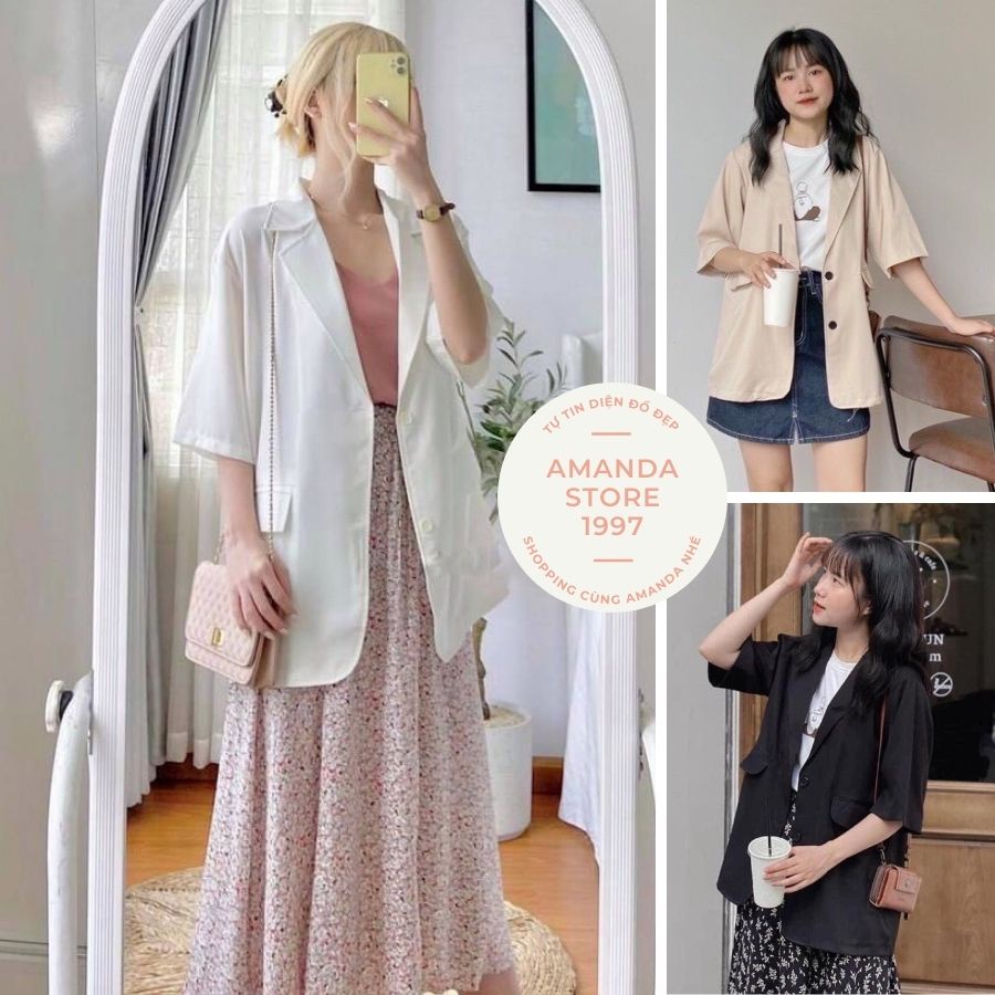 {Amanda}Blazer cộc tay dáng dài, lỡ 6 màu HOTHIT. Blazer ngắn tay trẻ trung mix đồ siêu dễ