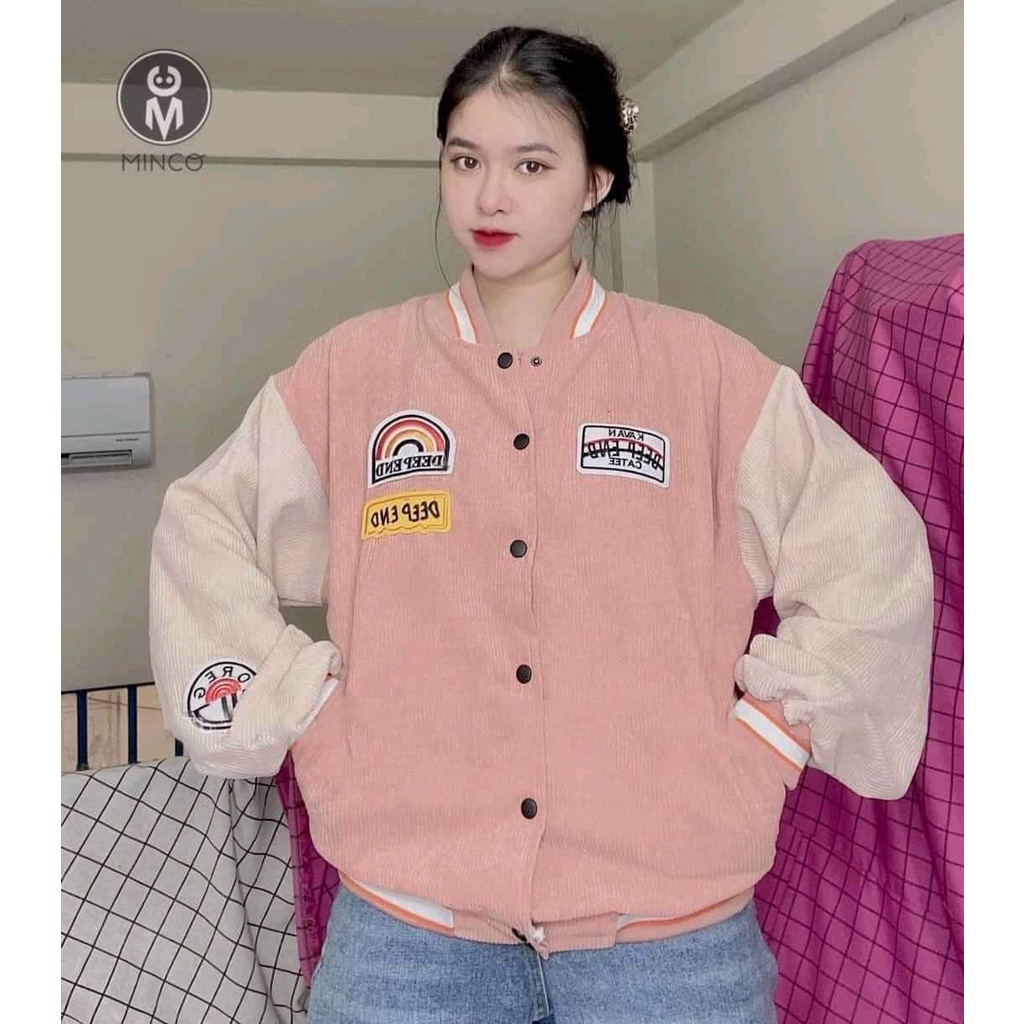 Áo Khoác Nữ, Áo Bomber  Nhung Tăm Cúc Bấm Hình Cầu Vồng 3 Màu Xanh/Đen/Hồng Siêu Đẹp