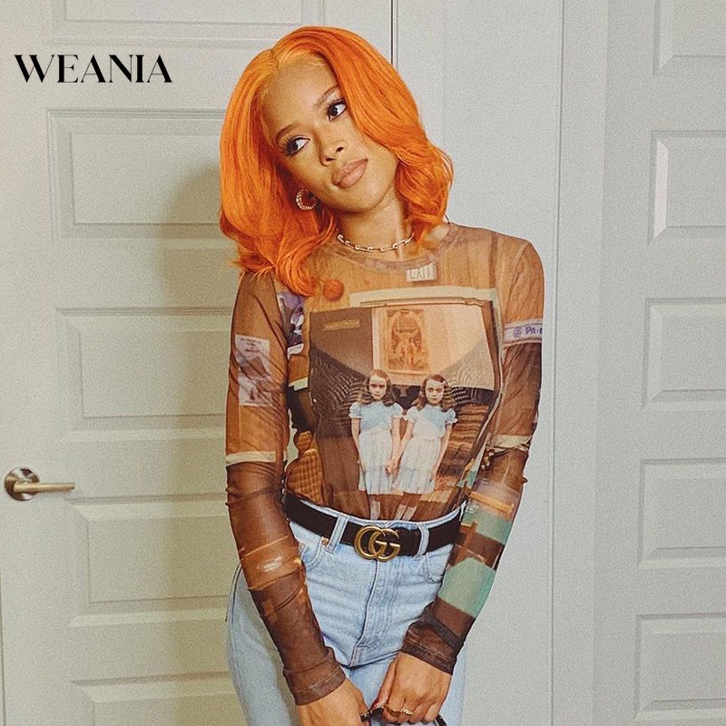 Áo Thun Tay Dài Phối Lưới In Họa Tiết Nghệ Thuật Thời Trang Cho Nữ