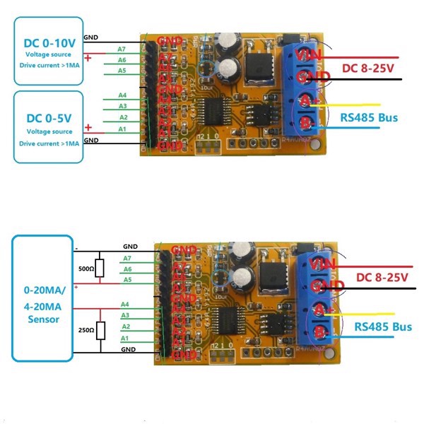 Mạch đọc điện thế, dòng điện 8 kênh 4-20MA  ADC Modbus RTU kết nối PLC