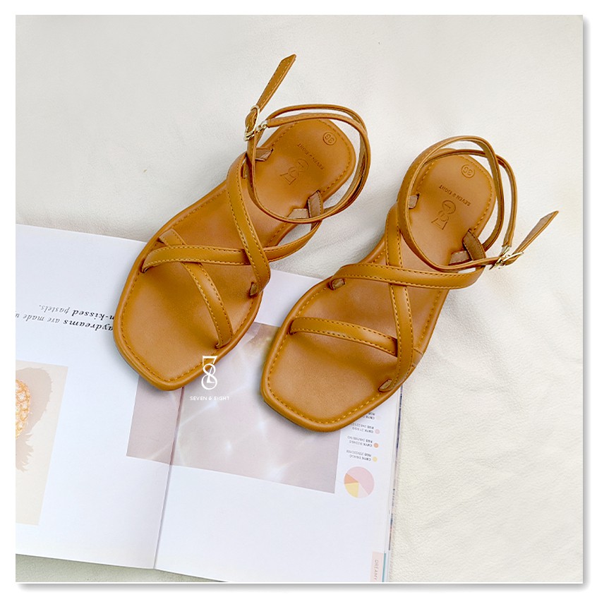 Sandal Quai Chéo Chữ X Lệch Tâm Mũi Vuông Đế Bệt Quai Hậu Ôm Cổ Chân Seven & Eight - SX0007