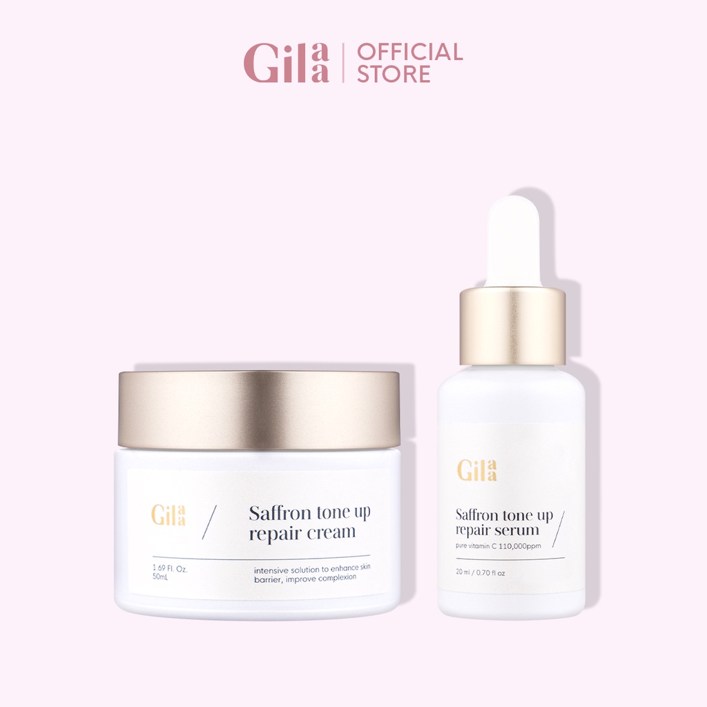 Bộ đôi Gilaa Saffron Tinh chất tươi dưỡng trắng 20ml và Kem dưỡng sạc nước 300g