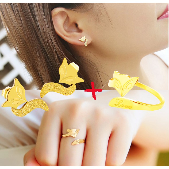 Combo nhẫn và bông tai phong thủy titan màu vàng hình hồ ly truy tìm tình yêu đẹp mà chất (tặng hộp đựng dễ thương)