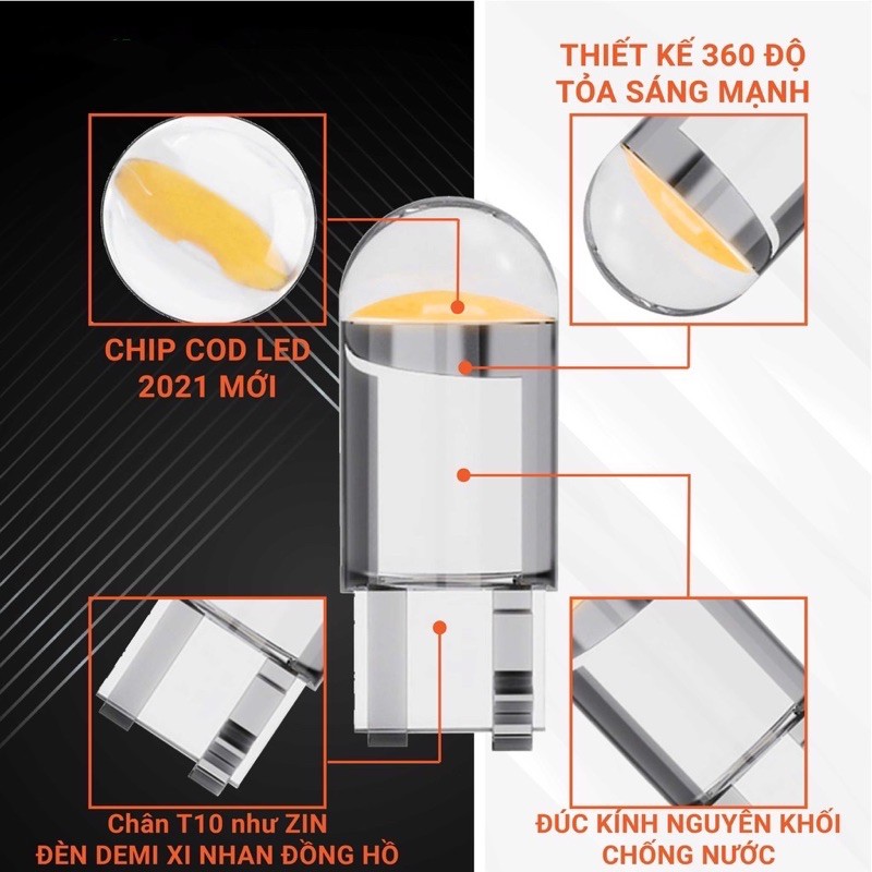 01 bóng LED T10 sáng tốt ĐÚC KÍNH như zin lắp mặt đồng hồ, demi, xi nhan xe máy, ô tô DC 12v