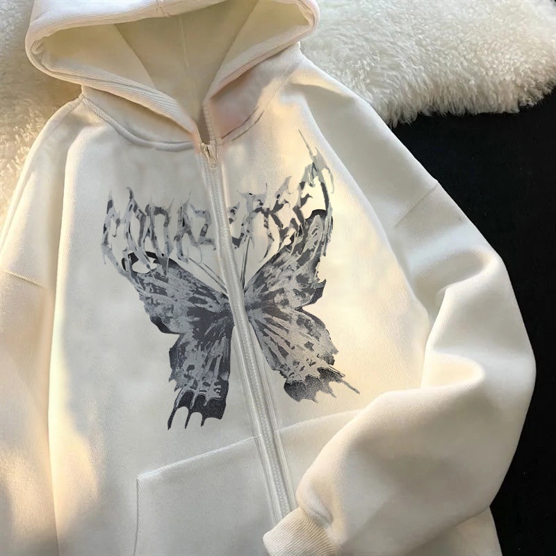Áo Khoác Hoodie Nữ Nỉ Dây Kéo In Hình Bướm