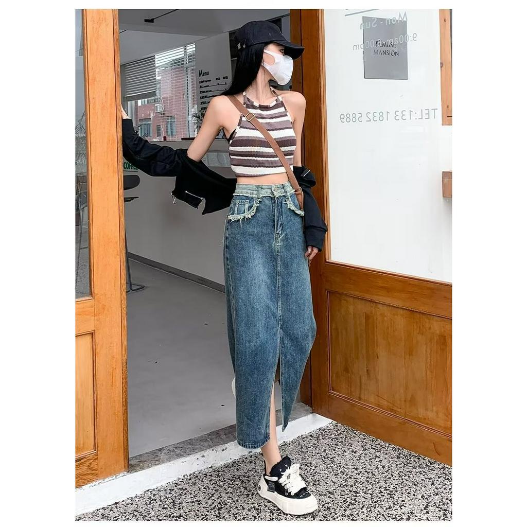 QADCOL Chân váy jean Dài Dáng Chữ A Lưng Cao Xẻ Tà Thời Trang Mùa Hè Kiểu Mới Cho Nữ