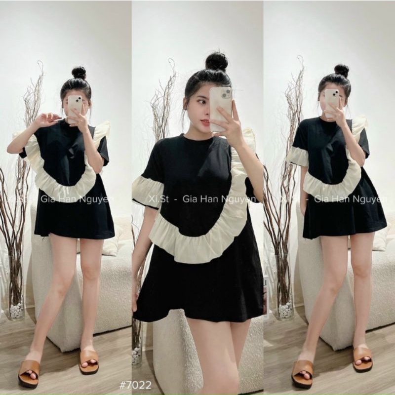 Đầm Suông Đen Viền Bèo Trắng