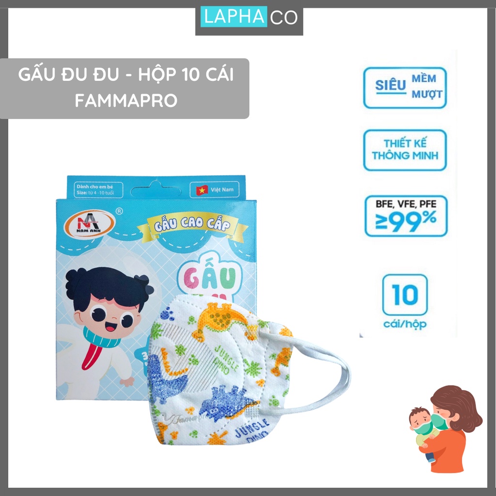 [ GẤU DU DU NAM ANH -10 CÁI] Khẩu trang trẻ em 3d Gấu Du Du Famapro Kháng giọt bắn, Kháng khuẩn