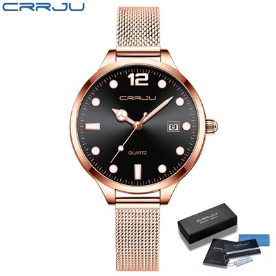 Đồng hồ Quartz CRRJU 2187M không thấm nước dây đeo kiểu lưới màu vàng hồng thời trang cho nữ