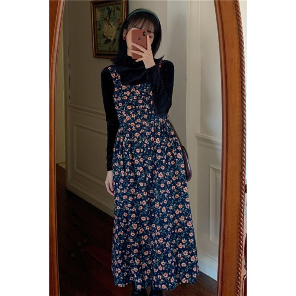 (HÀNG SẴN ) Váy yếm hai dây hoa nhí xòe dài vintage mùa thu kiểu Pháp nhẹ nhàng | BigBuy360 - bigbuy360.vn