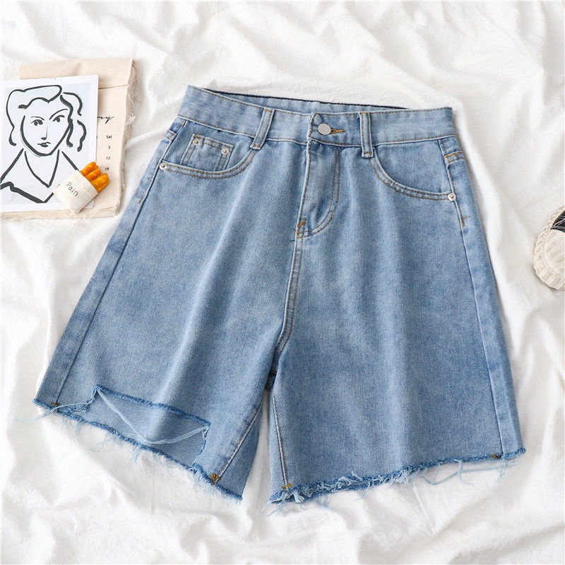 Quần short denim cạp cao xé gấu nữ mùa hè 2021 kiểu mới rộng rãi, nhỏ và mỏng, mặc một đường hot mốt