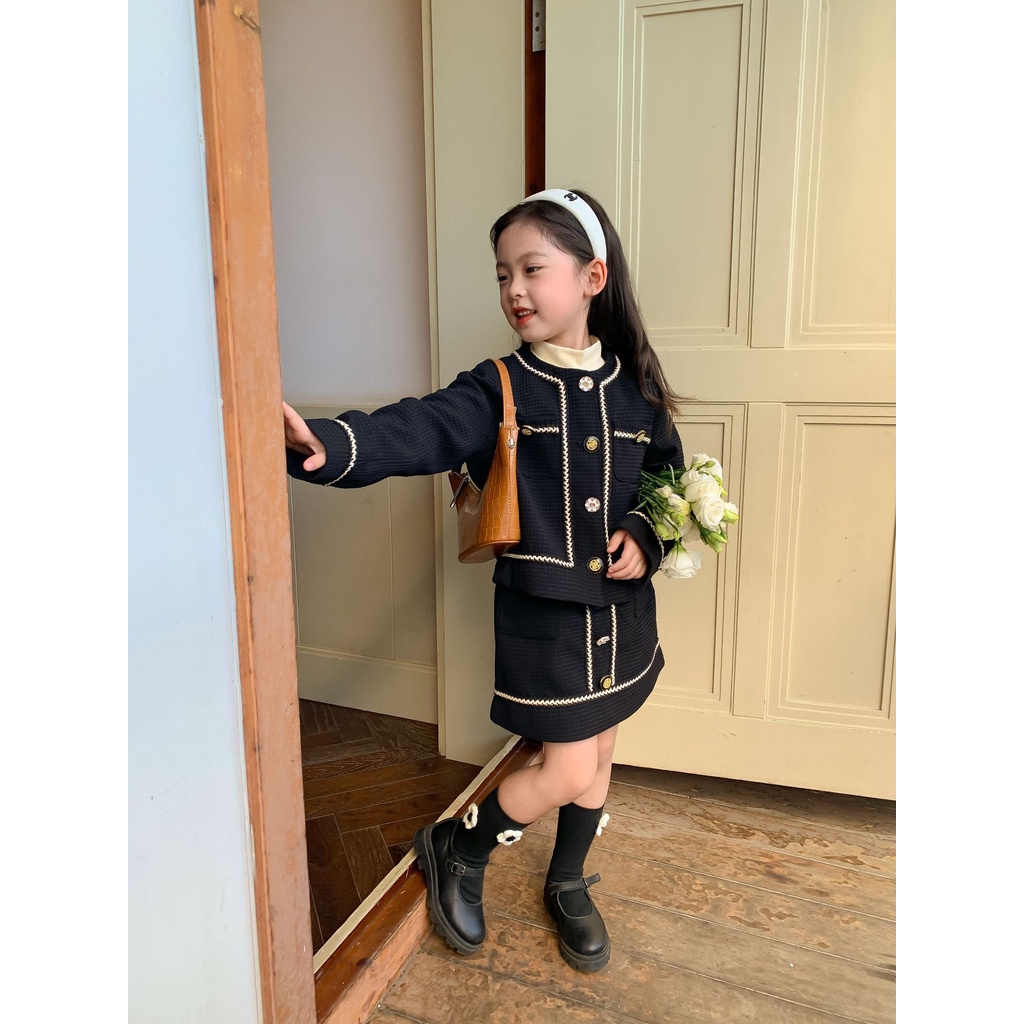 Set áo và chân váy Tweed viền nổi sang trọng cho bé S863