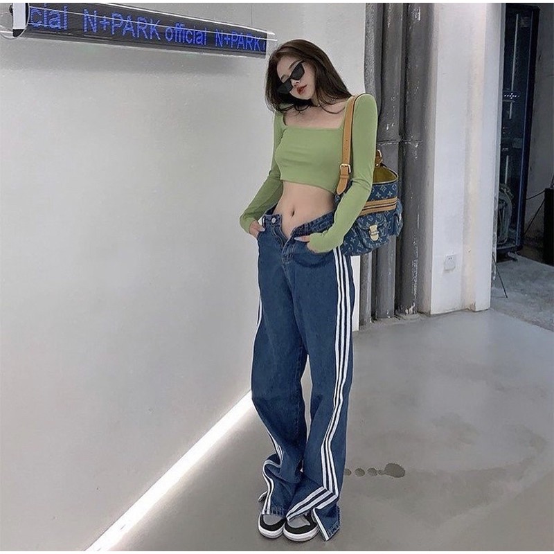 Quần Jeans Dài 3 Sọc Trắng Và Áo Tube Đen Nút Hot Trend [AdorablexBeautiful]