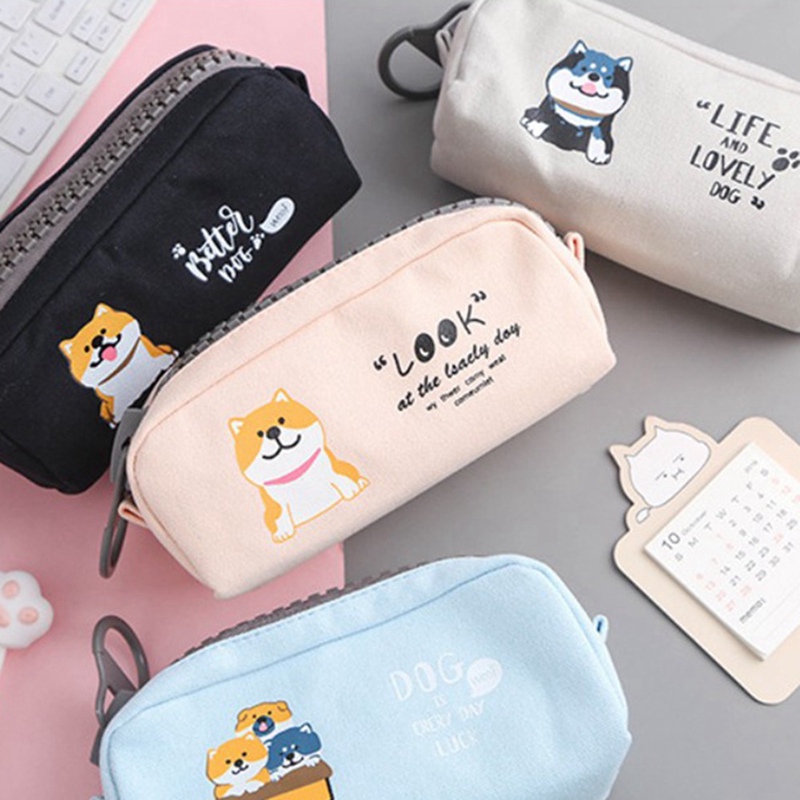 Túi vải canvas đựng bút / đồ trang điểm họa tiết chú chó dễ thương