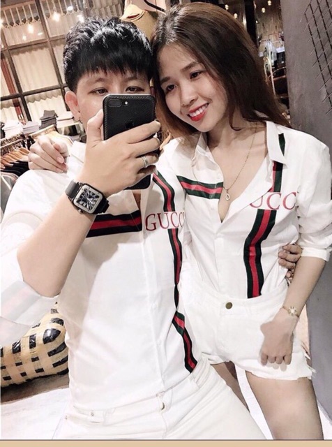 Áo sơ mi cặp dài tay thời trang họa tiết sọc chữ Gci