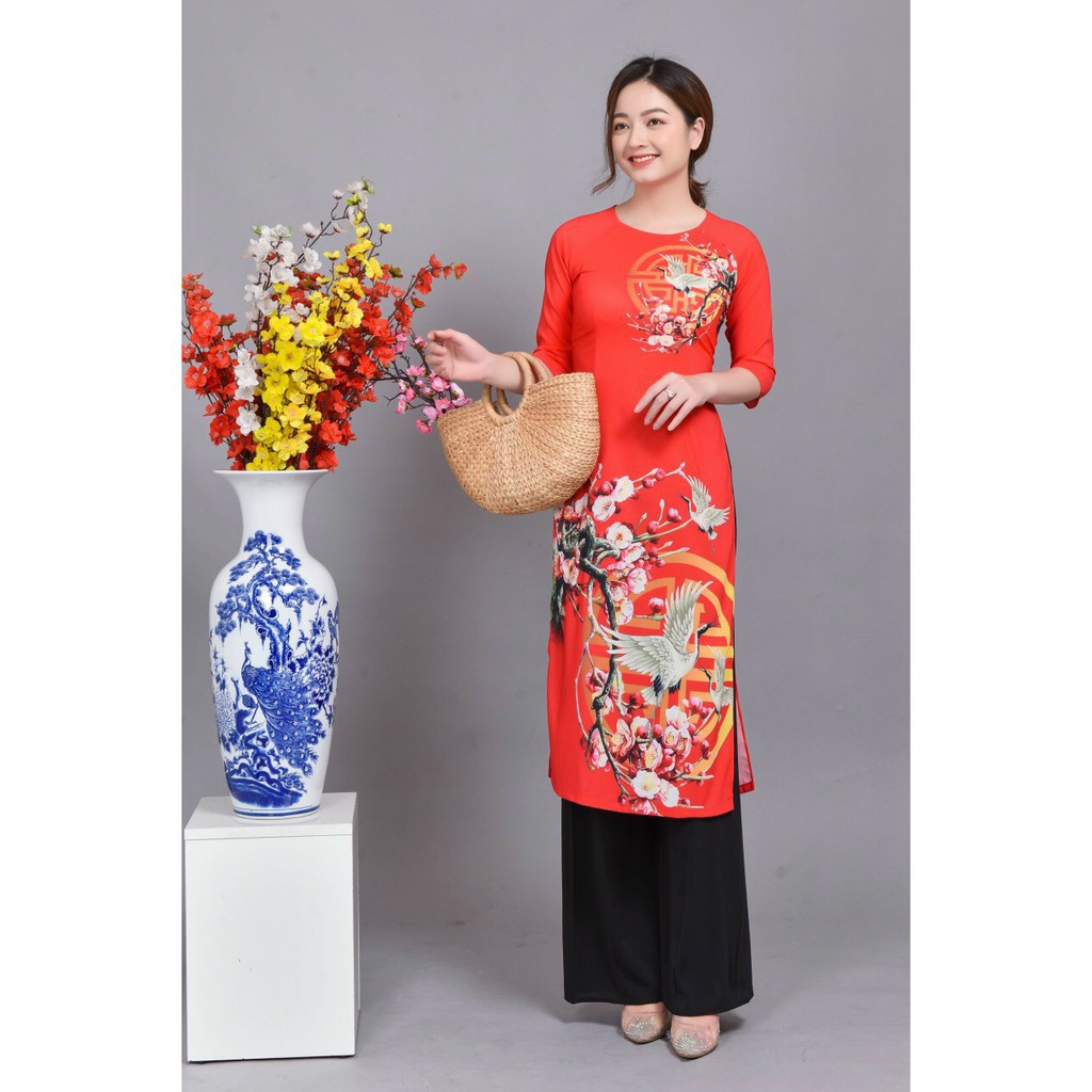 HÀNG TK - SET BỘ ÁO DÀI CÁCH TÂN MÀU ĐỎ HỌA TIẾT HOA ĐÀO CHIM HẠC - LS92