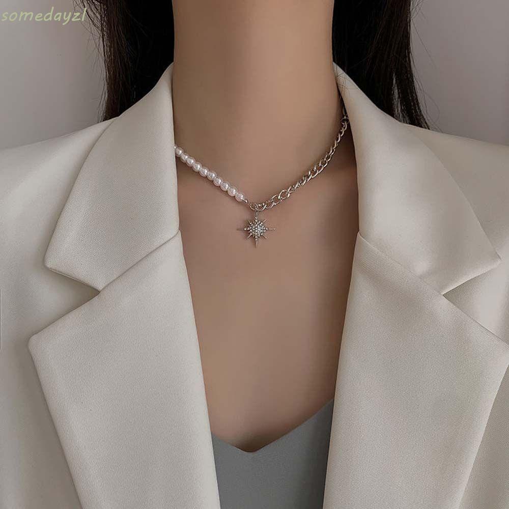Vòng cổ choker hai lớp đính hạt ngọc trai hình ngôi sao phong cách Hàn Quốc cho nữ