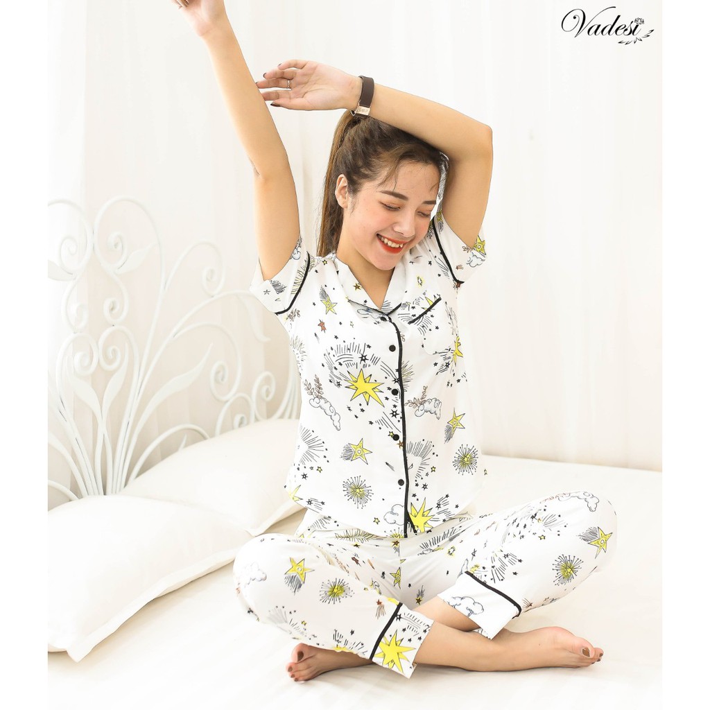 [Chính Hãng] Pijama Lụa Cao Cấp, Bộ Dài Họa Tiết Trang Nhã, Đồ Ngủ Đẹp, Bộ Mặc Nhà Vadesi - Thời Trang Nữ