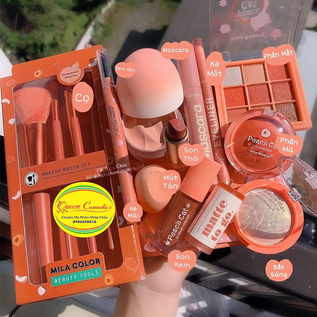 Set Tết xinh gồm 10 món makeup vô cùng dễ thương, nhìn là mê ngay.Bộ này Tone màu cam đào.