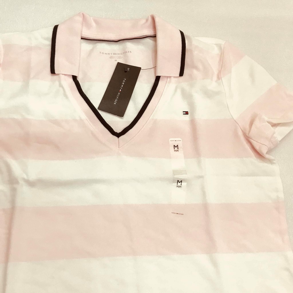 ÁO THUN POLO NỮ TOMMY HILFIGER SỌC HỒNG TRẮNG SIZE M