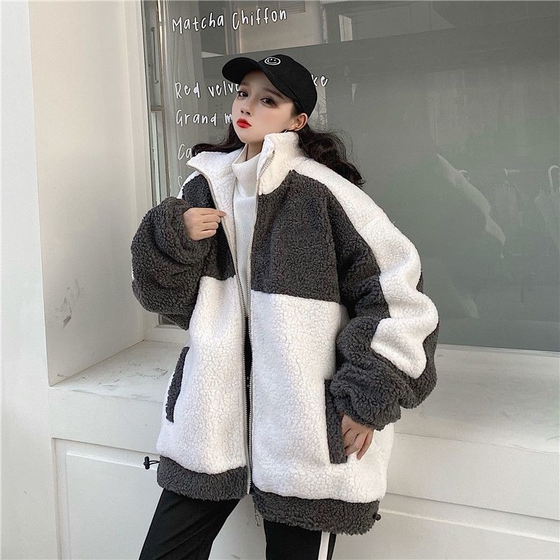 Áo khoác len lông cừu tay dài dáng rộng dày dặn có size lớn 200 jin có khóa kéo 15 ngày cho nữ