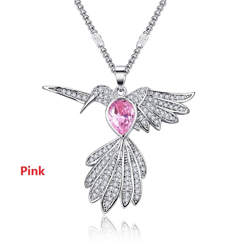 Vòng cổ Bạc 925 Mặt Hình Chim Ruồi Đính Đá Pha Lê Hồng Thời Trang Cho Nữ