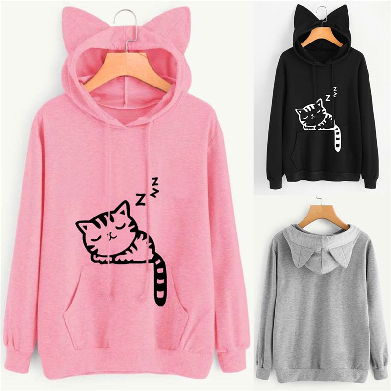 Áo hoodie nữ phối tai mèo và in hình mèo thời trang xinh xắn