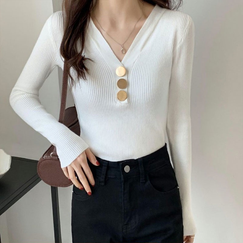 Áo Dệt Kim Tay Dài Dáng Ôm Cổ Chữ V Phối Nút Phong Cách Thời Trang Hàn Quốc Dành Cho Nữ