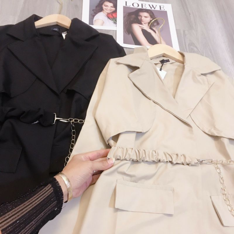 Áo khoác vest blazer thụng basic kèm xích đai mix rời from rộng về 2 màu đen, be nâu- Áo vest nữ 2 lớp chất tuyết mưa