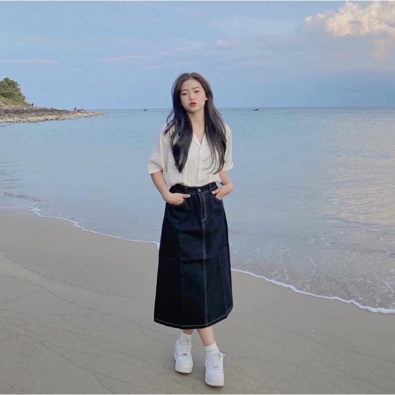 Chân váy kaki jean đen dáng dài (Ảnh thật/Video)