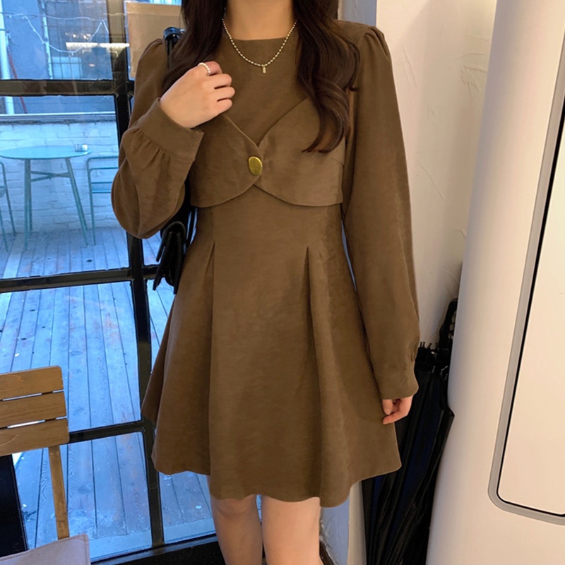 【ZHELIHANGFEI】Đầm Tay Phồng Giả Hai Lớp Nhấn Eo Phong Cách Retro