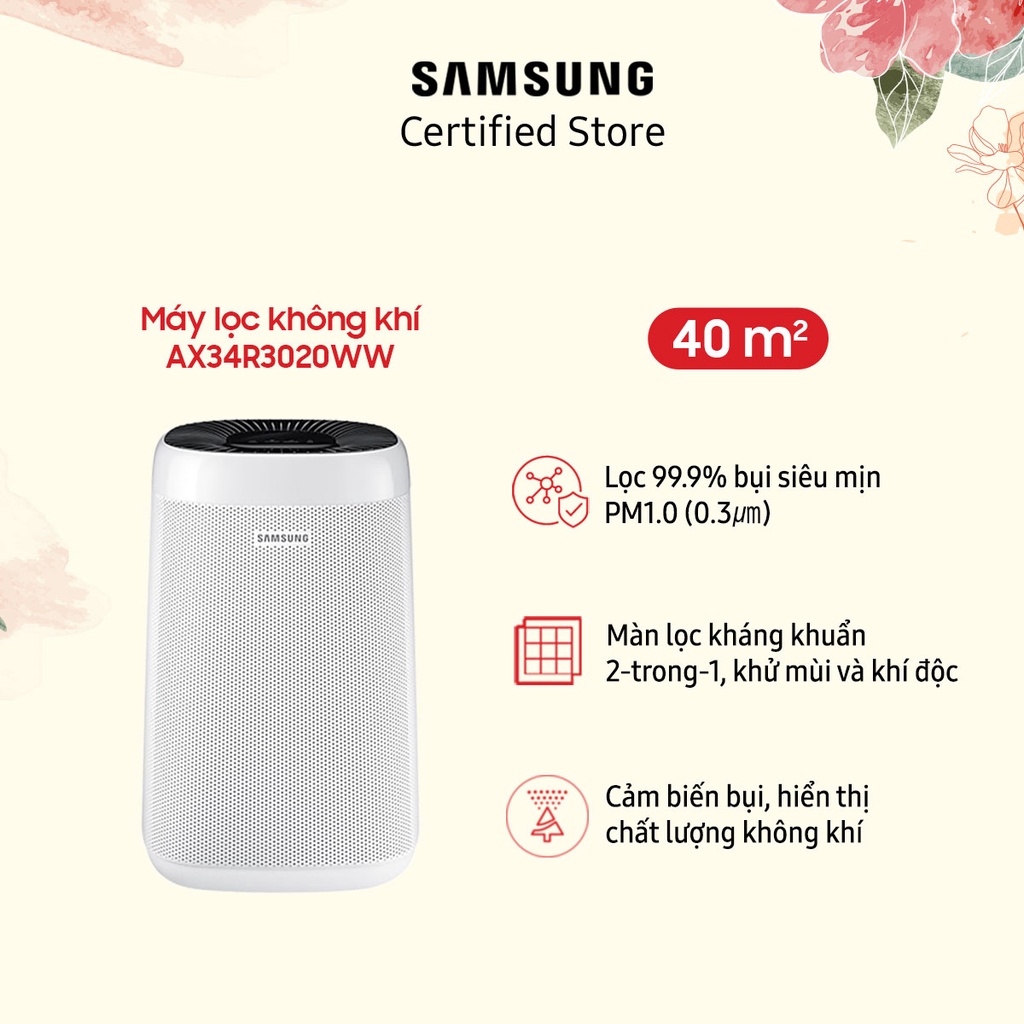 Máy lọc không khí Samsung 34m2 AX34R3020WW | Màng lọc 3 lớp khử mùi | Màng lọc 1năm | Chỉ báo theo màu | Hàng chính hãng