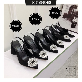 Sandal bít mũi đính đá quai chun gót tam giác cao từ 5-9 phân chất da lộn siêu mềm mịn phong cách tiểu thư sang chảnh