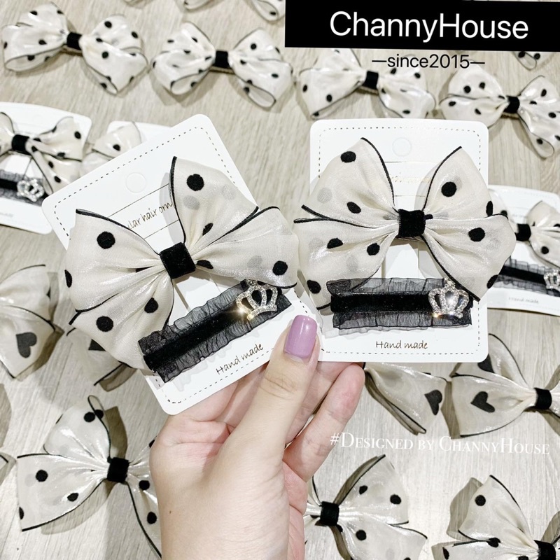 Channyhouse_Kẹp nơ chấm bi đen trắng cao cấp cho bé