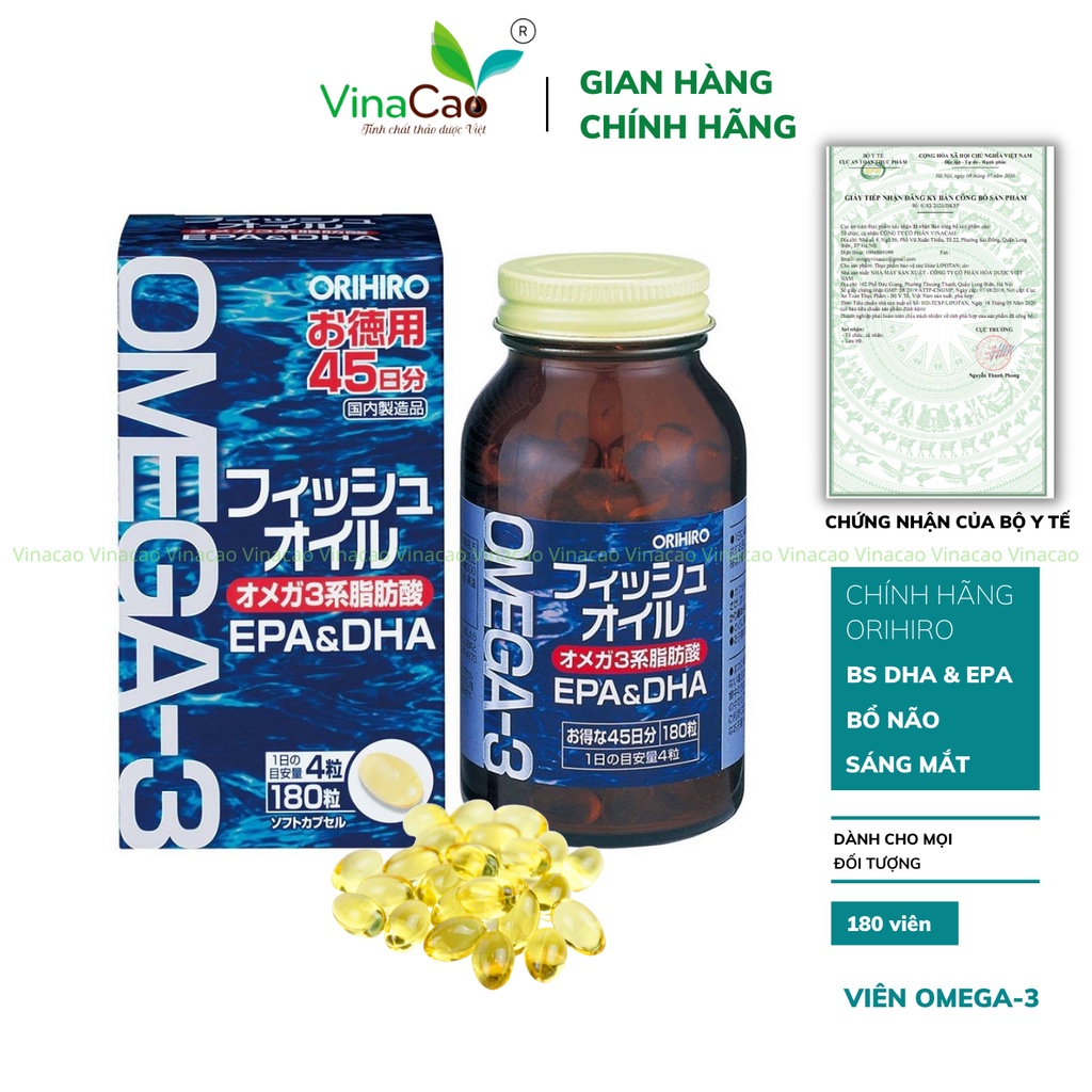 Dầu Cá Omega 3 EPA &amp; DHA Orihiro Nhật Bản Hộp 180 viên ( Hàng Chính Hãng )