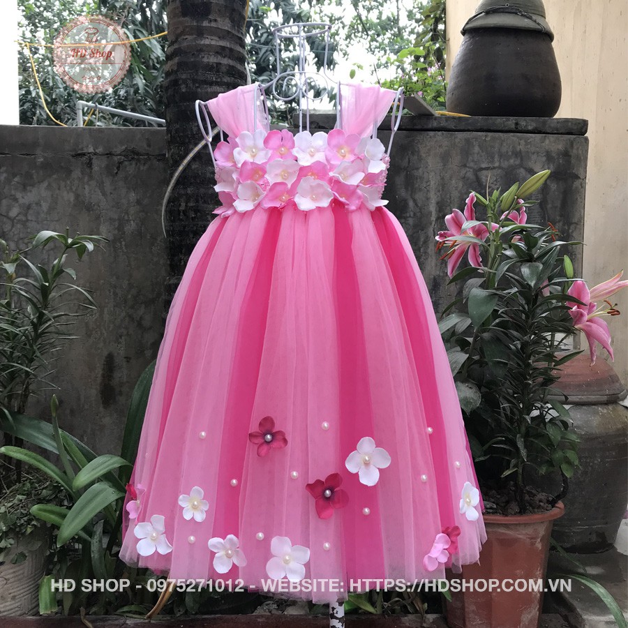Váy công chúa hồng phấn phối hồng sen tú cầu cho bé gái