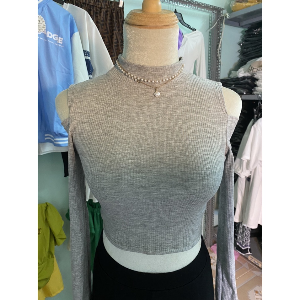 Áo croptop nữ hở vai tay dài 4 màu chất thun gân-ringu shop