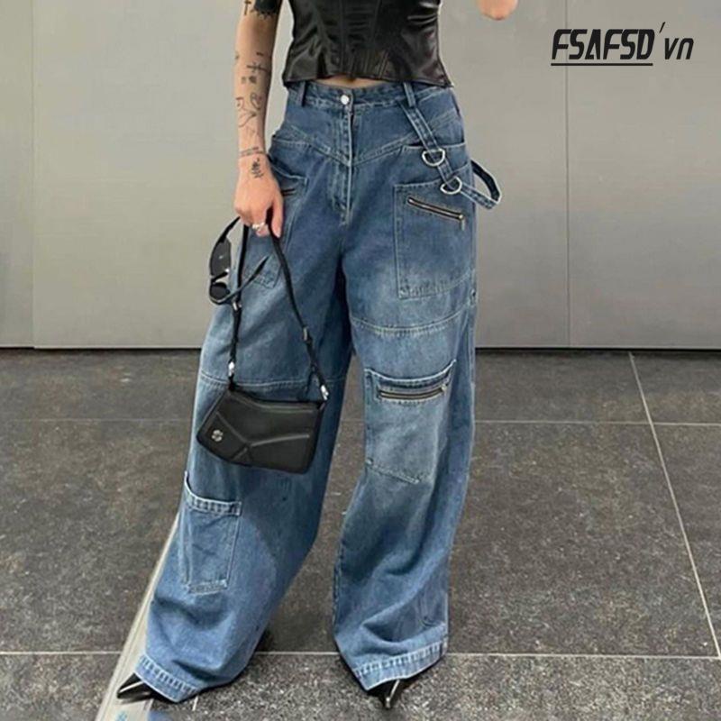 Quần Jean Nữ Lưng Cao Ống Đứng Nhiều Túi Phong Cách Âu Mỹ