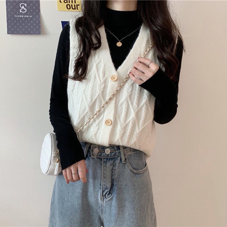 Áo khoác len cardigan không tay cổ chữ V đính khuy đơn giản dễ phối đồ thời trang phong cách Hàn Quốc size S~3XL | BigBuy360 - bigbuy360.vn