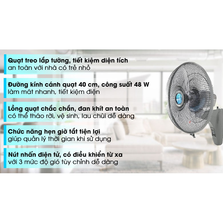 Quạt Treo Tường Mitsubishi W16-Rv Điều Khiển Từ Xa Xám Chất Lượng Cao