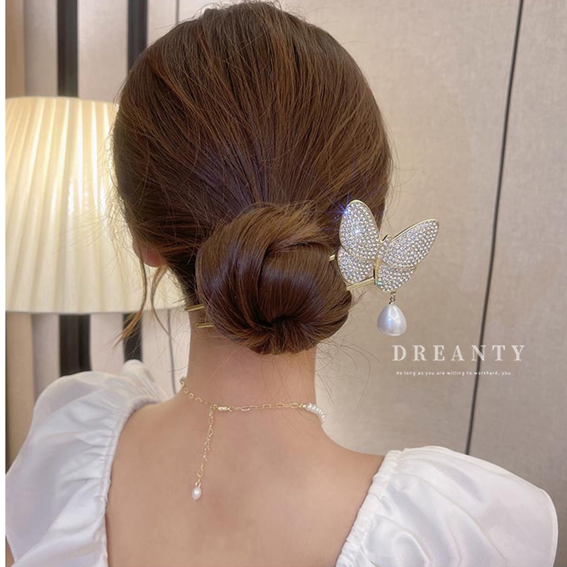 Trâm Cài Tóc Hình Bướm Đính Đá Ngọc Trai Phong Cách Trung Hoa Đơn Giản Thời Trang Mới