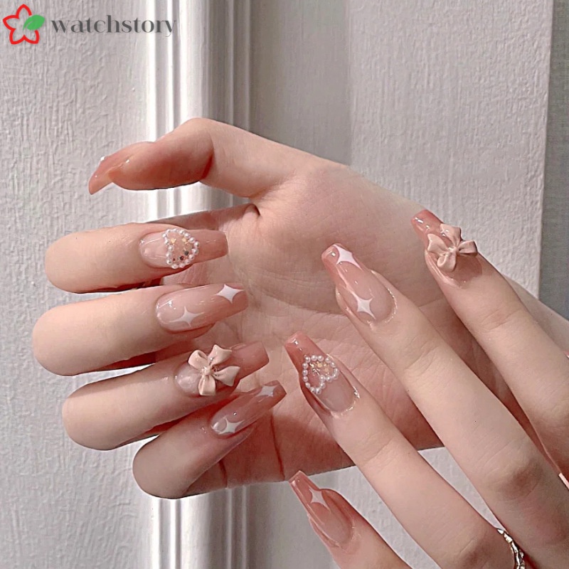 Set 24 Móng Tay Giả Dáng Dài Đính Nơ Có Thể Tháo Rời Thời Trang