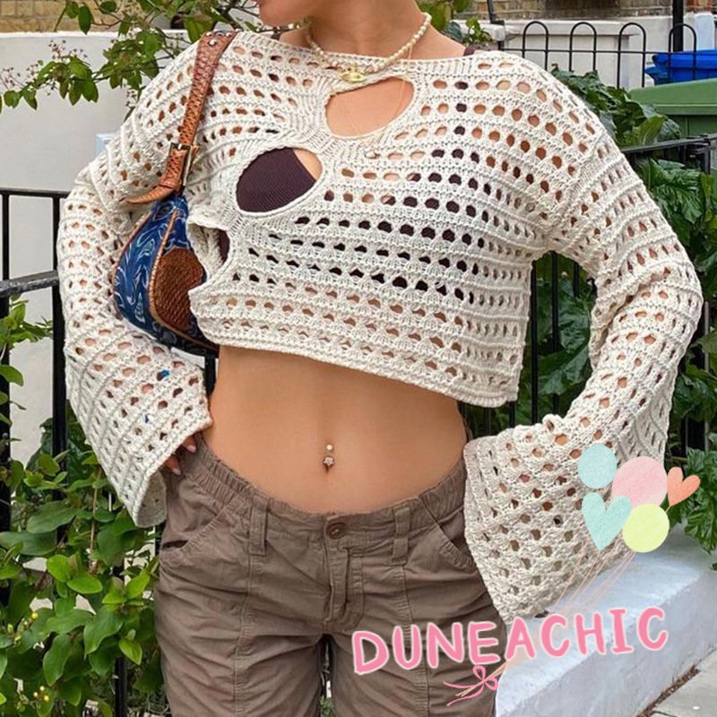 DUNEA Áo Dệt Kim Tay Dài Màu Trơn Phối Lưới Thời Trang Cho Nữ