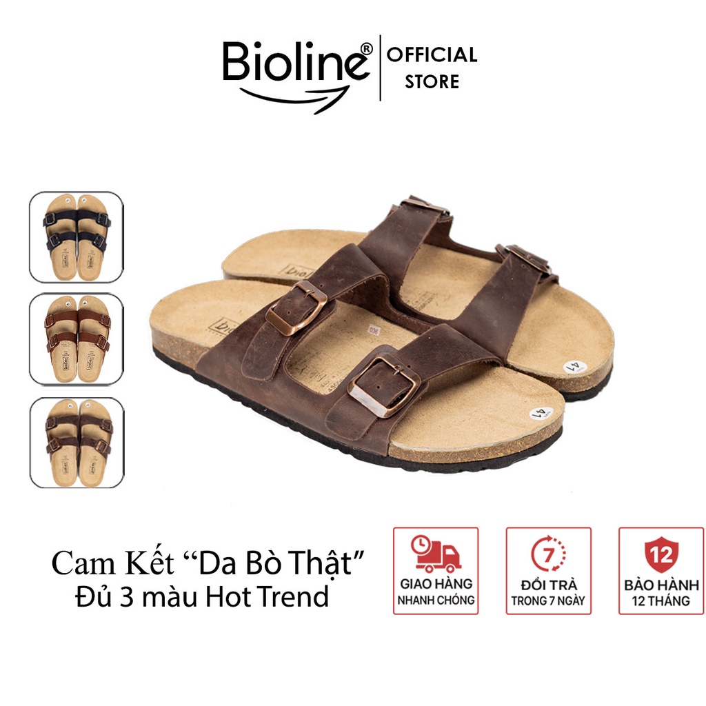 DA BÒ THẬT Dép Đế Trấu Da Bò, Dép birken quai ngang Sandal Birken dép trấu unisex chính hãng Bioline mã D01